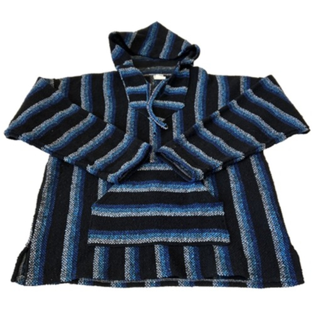 La Casa De Del Sarape Womens Knitted Poncho Hoodie Size L Blue Striped Pockets